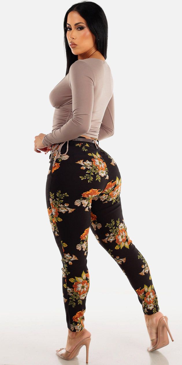Black High Waisted Floral Dressy Skinny Pants with Ruched Sides Long Sleeve Mocha Top sold by Moda product image thumbnail 2
