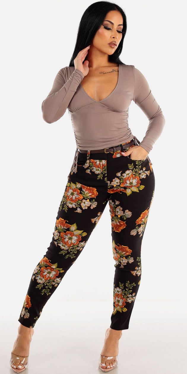 Black High Waisted Floral Dressy Skinny Pants with Ruched Sides Long Sleeve Mocha Top sold by Moda