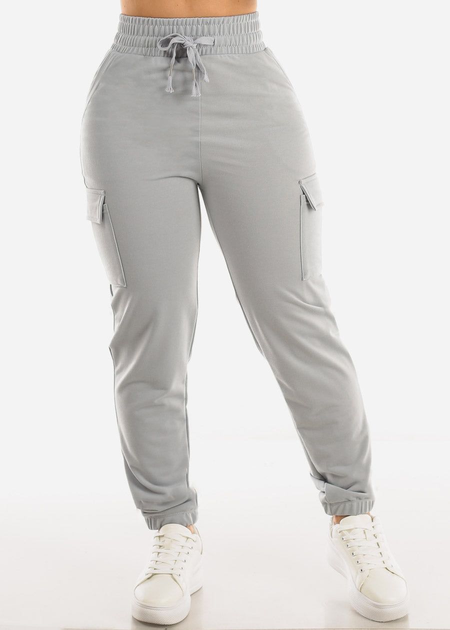 Drawstring Waist French Terry Cargo Jogger Pants Light Grey sold by Moda