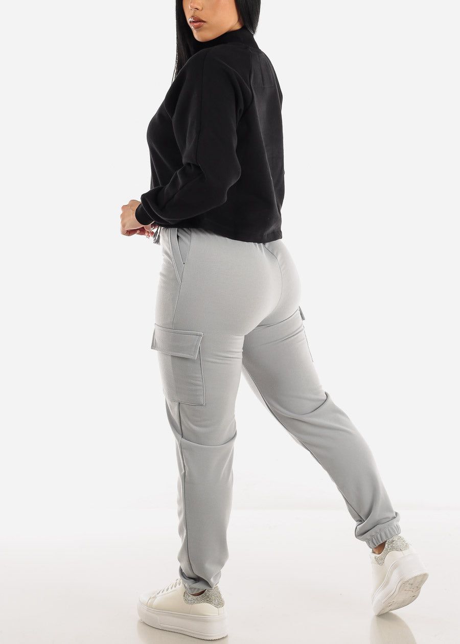 Drawstring Waist French Terry Cargo Jogger Pants Light Grey sold by Moda product image thumbnail 5