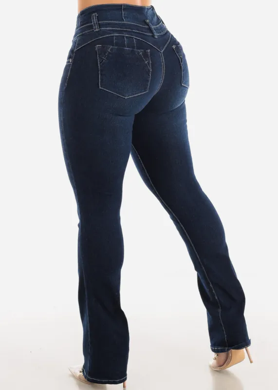 MX JEANS Butt Lifting Mid Rise Dark Blue Bootcut Jeans sold by Moda