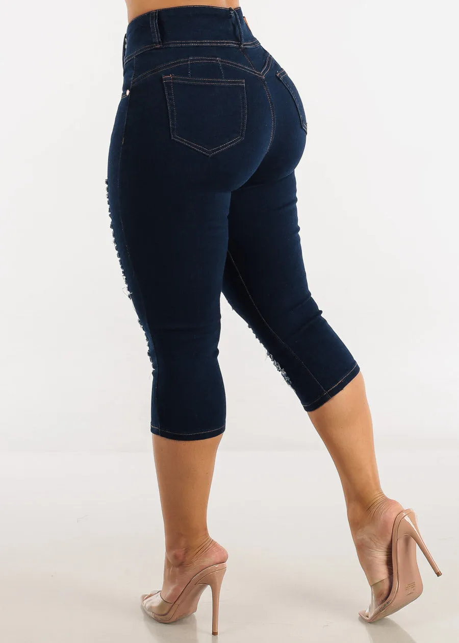 High Waist Butt Lifting Ripped Dark Denim Capris sold by Moda