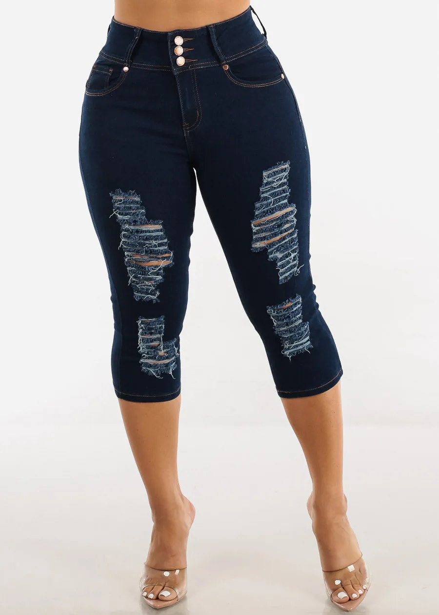 High Waist Butt Lifting Ripped Dark Denim Capris sold by Moda product image thumbnail 3