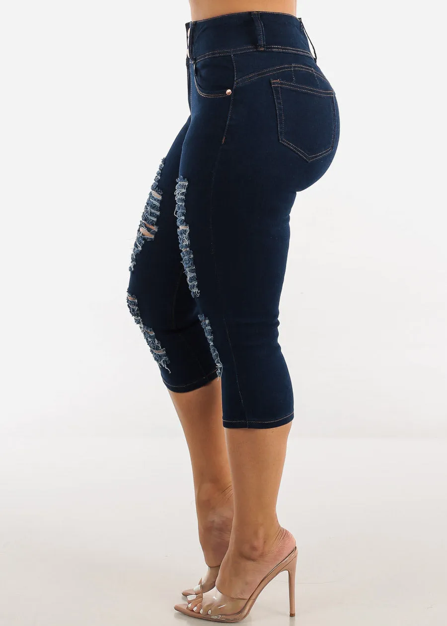 High Waist Butt Lifting Ripped Dark Denim Capris sold by Moda product image thumbnail 4