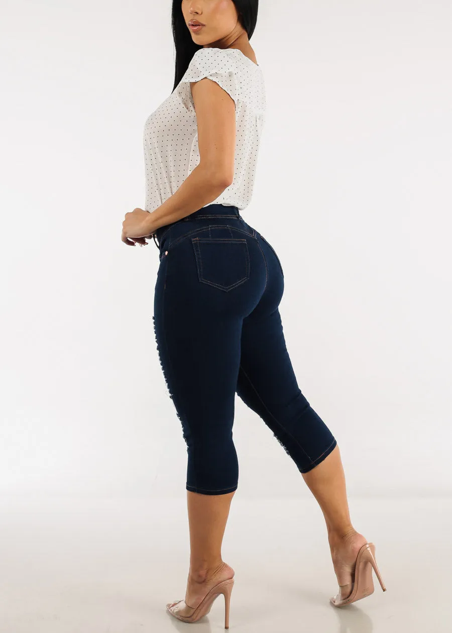 High Waist Butt Lifting Ripped Dark Denim Capris sold by Moda product image thumbnail 5