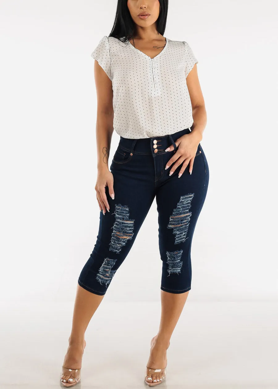 High Waist Butt Lifting Ripped Dark Denim Capris sold by Moda product image thumbnail 2
