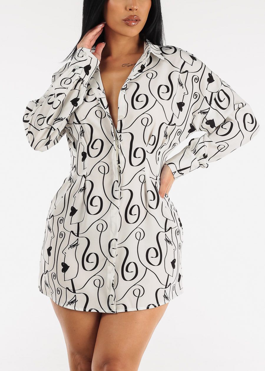Printed Button Down Pleated Mini Shirtdress White sold by Moda