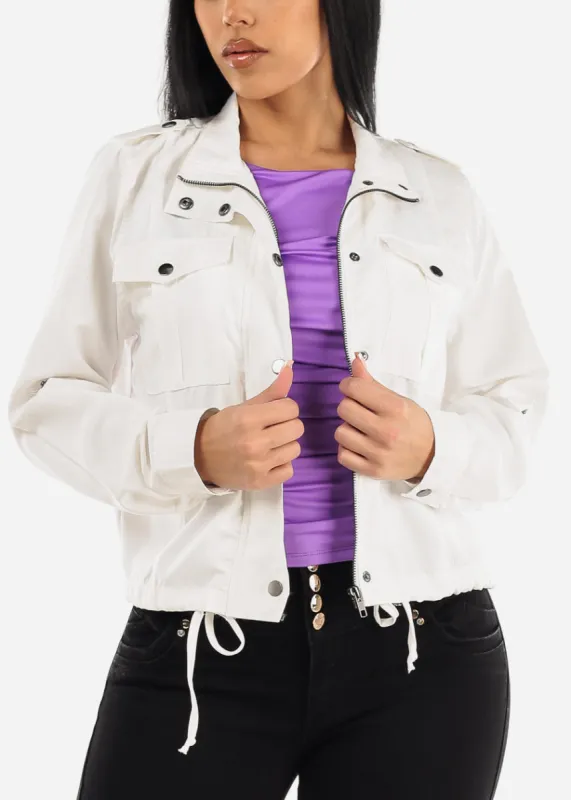 White Drawstring Waist Zip Up Jacket sold by Moda