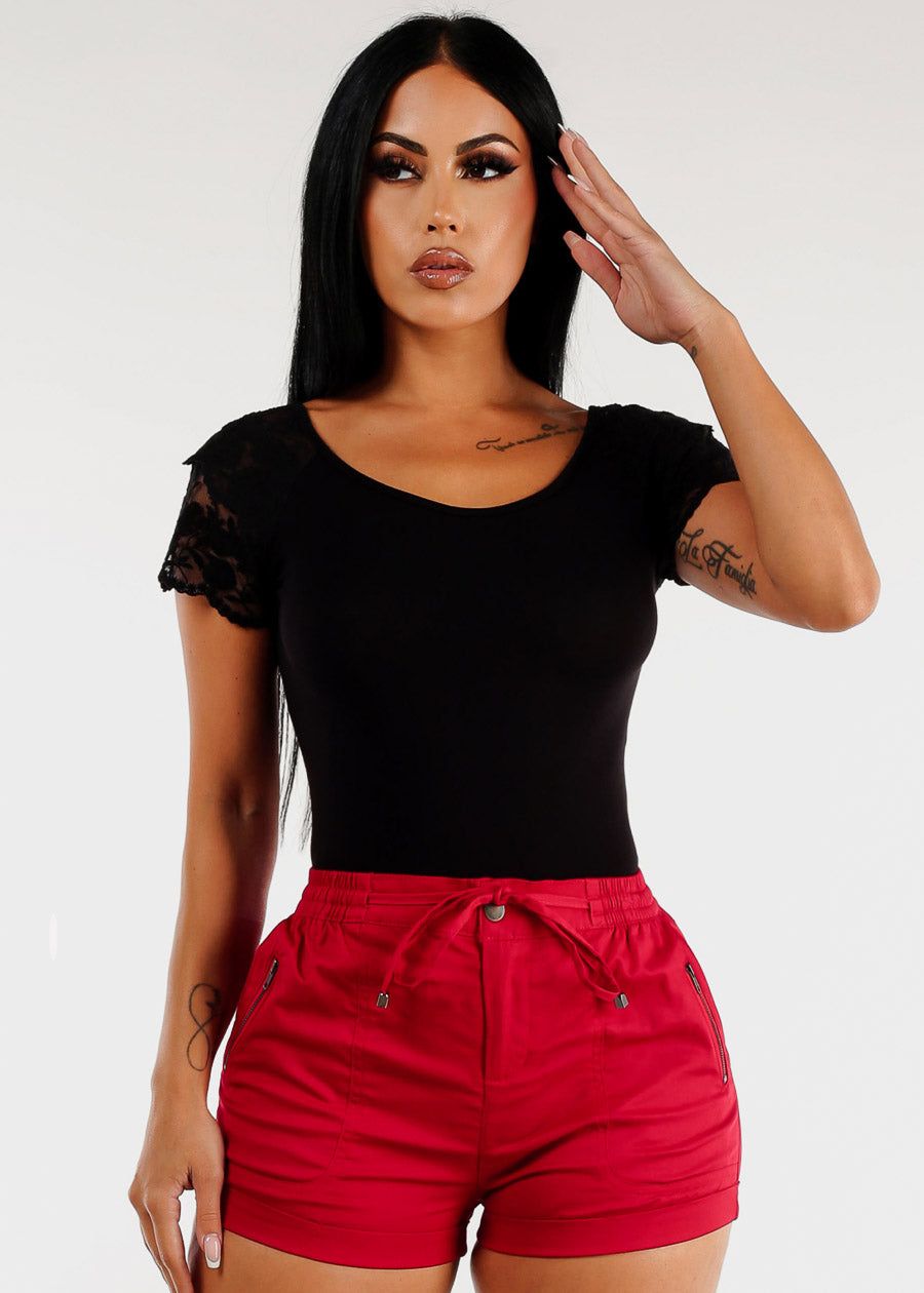 Lace Short Sleeve Thong Bodysuit Black sold by Moda