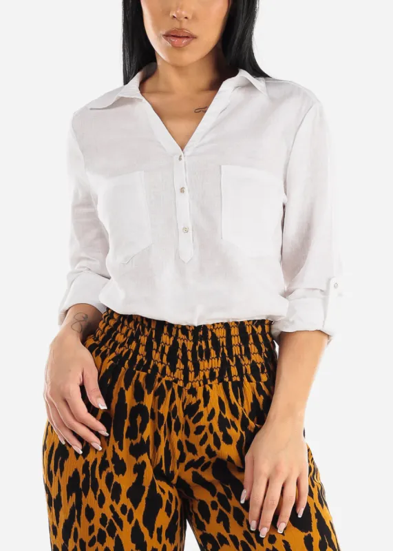 White Linen Long Sleeve Half Button Up Shirt sold by Moda