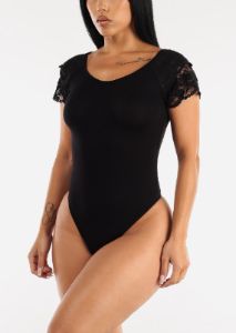 Lace Short Sleeve Thong Bodysuit Black sold by Moda