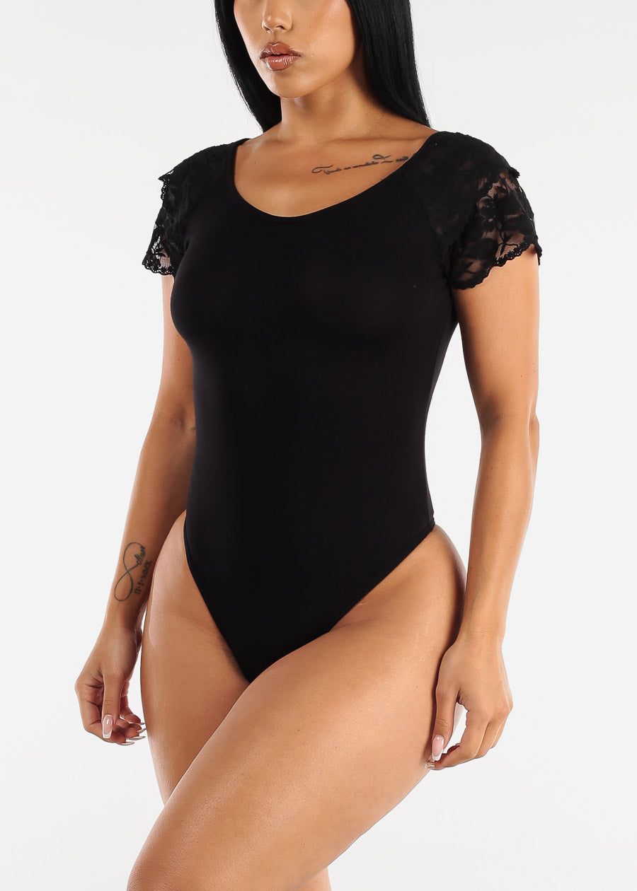 Lace Short Sleeve Thong Bodysuit Black sold by Moda product image thumbnail 2
