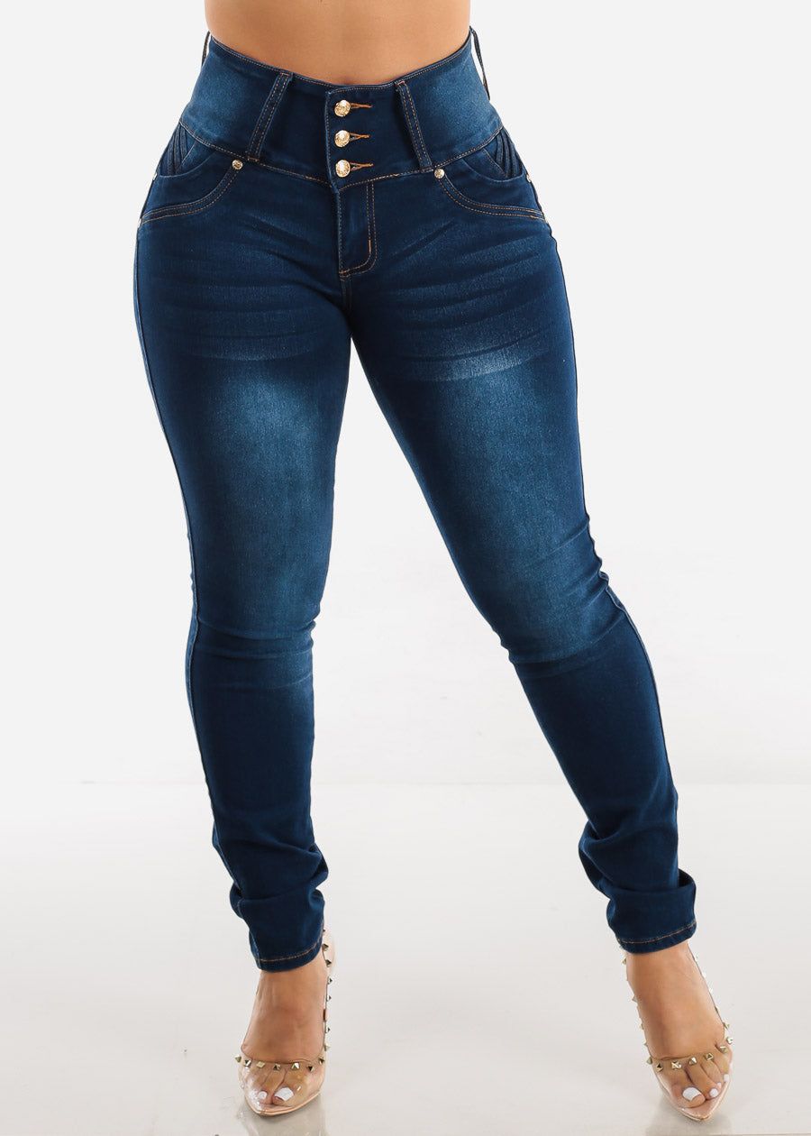 MX JEANS Braided Pocket Butt Lifting Dark Blue Skinny Jeans sold by Moda product image thumbnail 4