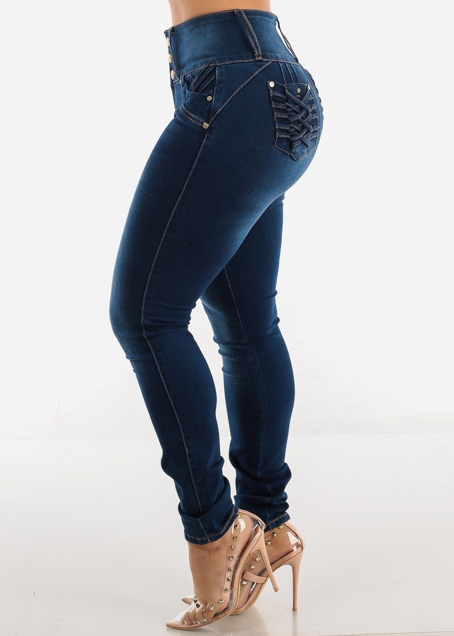 MX JEANS Braided Pocket Butt Lifting Dark Blue Skinny Jeans sold by Moda product image thumbnail 5