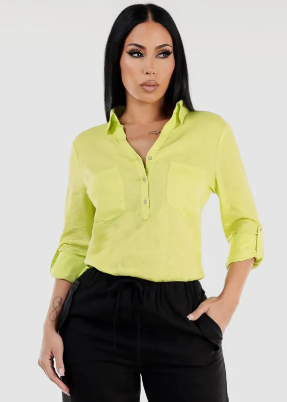 Linen Long Sleeve Half Button Up Shirt Lime sold by Moda