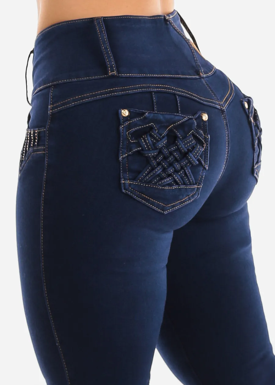 MX JEANS Butt Lifting Dark Blue Mid Rise Skinny Jeans sold by Moda