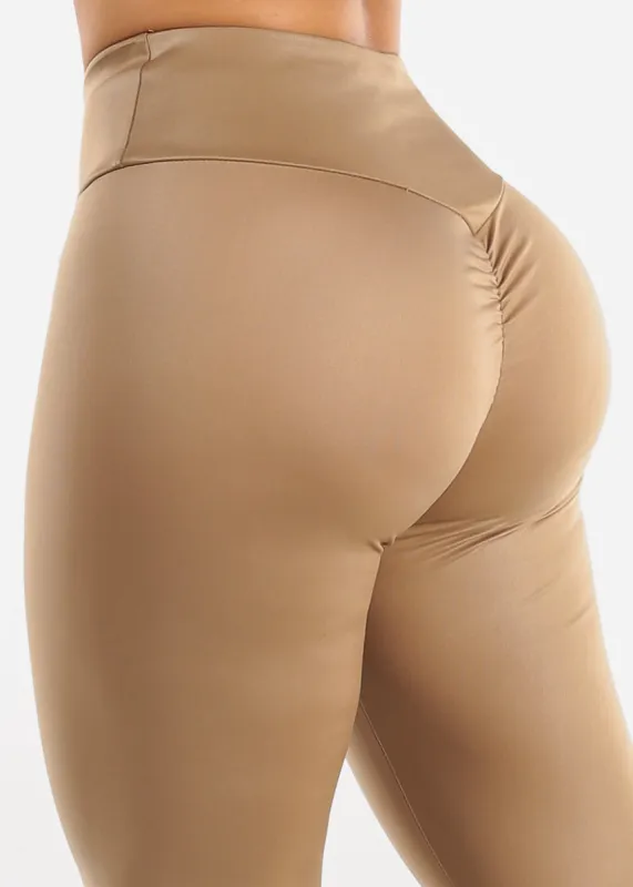 Ruched Butt Taupe Pleather Leggings sold by Moda