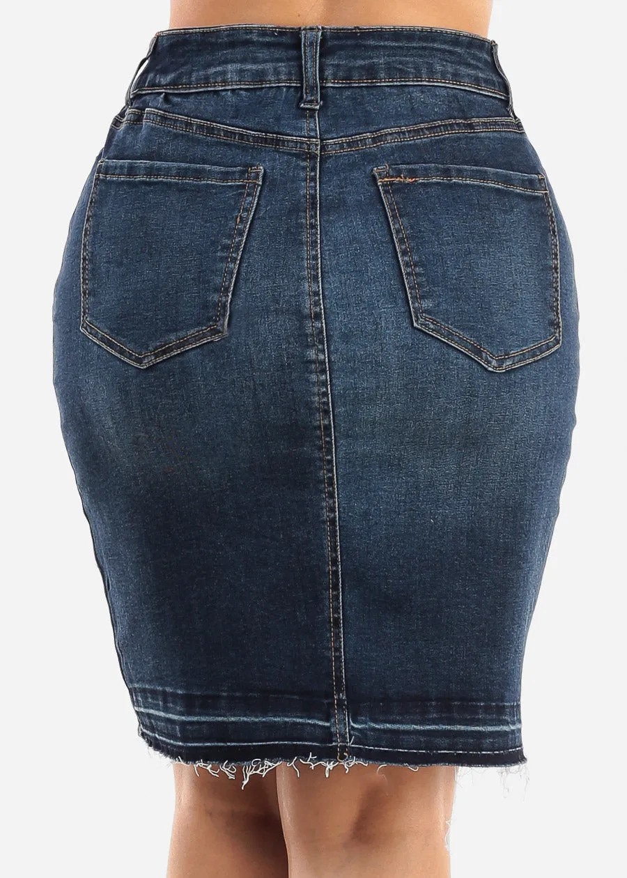 High Waisted Fringe Hem Denim Pencil Skirt Dark Blue sold by Moda product image thumbnail 4