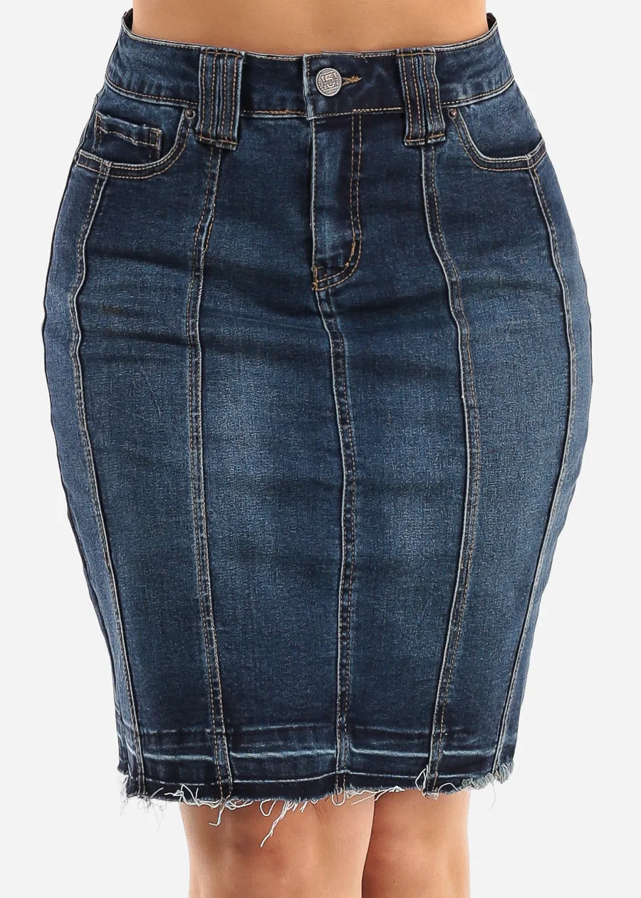 High Waisted Fringe Hem Denim Pencil Skirt Dark Blue sold by Moda