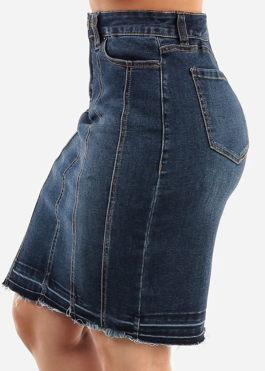 High Waisted Fringe Hem Denim Pencil Skirt Dark Blue sold by Moda product image thumbnail 3
