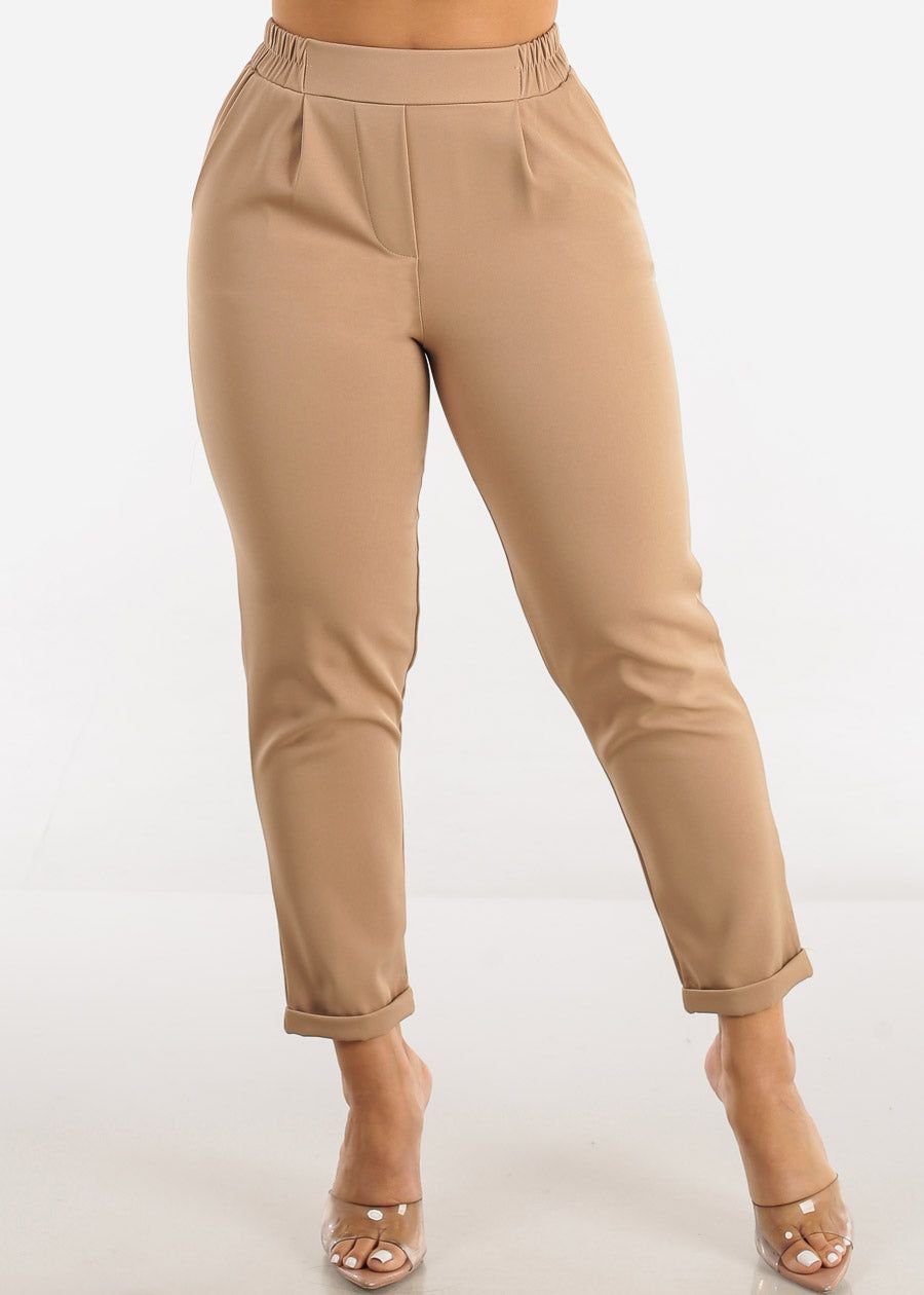 Pull On High Waist Tapered Ankle Dress Pants Taupe sold by Moda