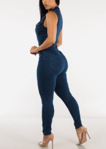 Sleeveless Button Up Collared Denim Jumpsuit Dark Blue sold by Moda