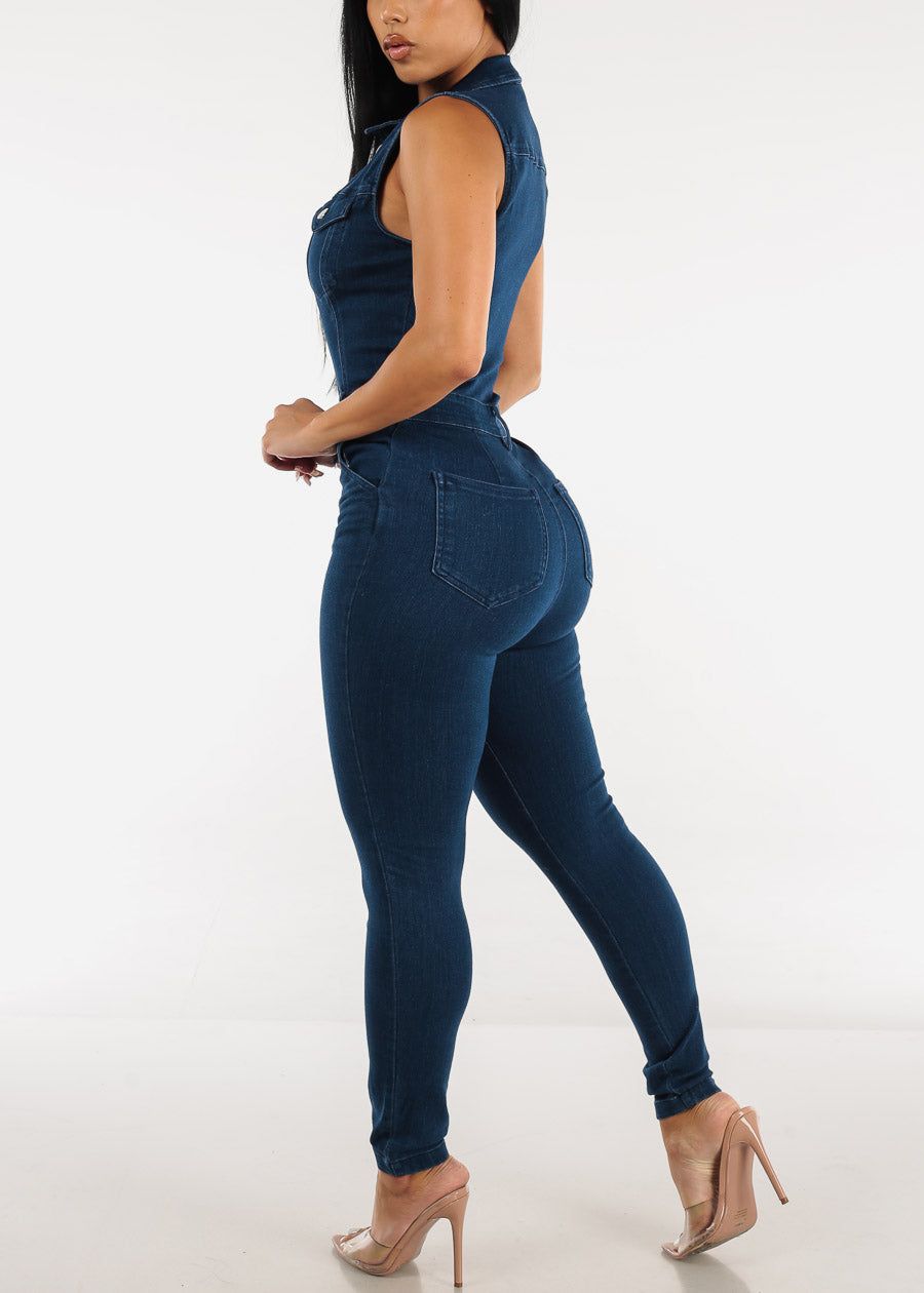 Sleeveless Button Up Collared Denim Jumpsuit Dark Blue sold by Moda product image thumbnail 4