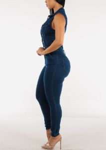 Sleeveless Button Up Collared Denim Jumpsuit Dark Blue sold by Moda