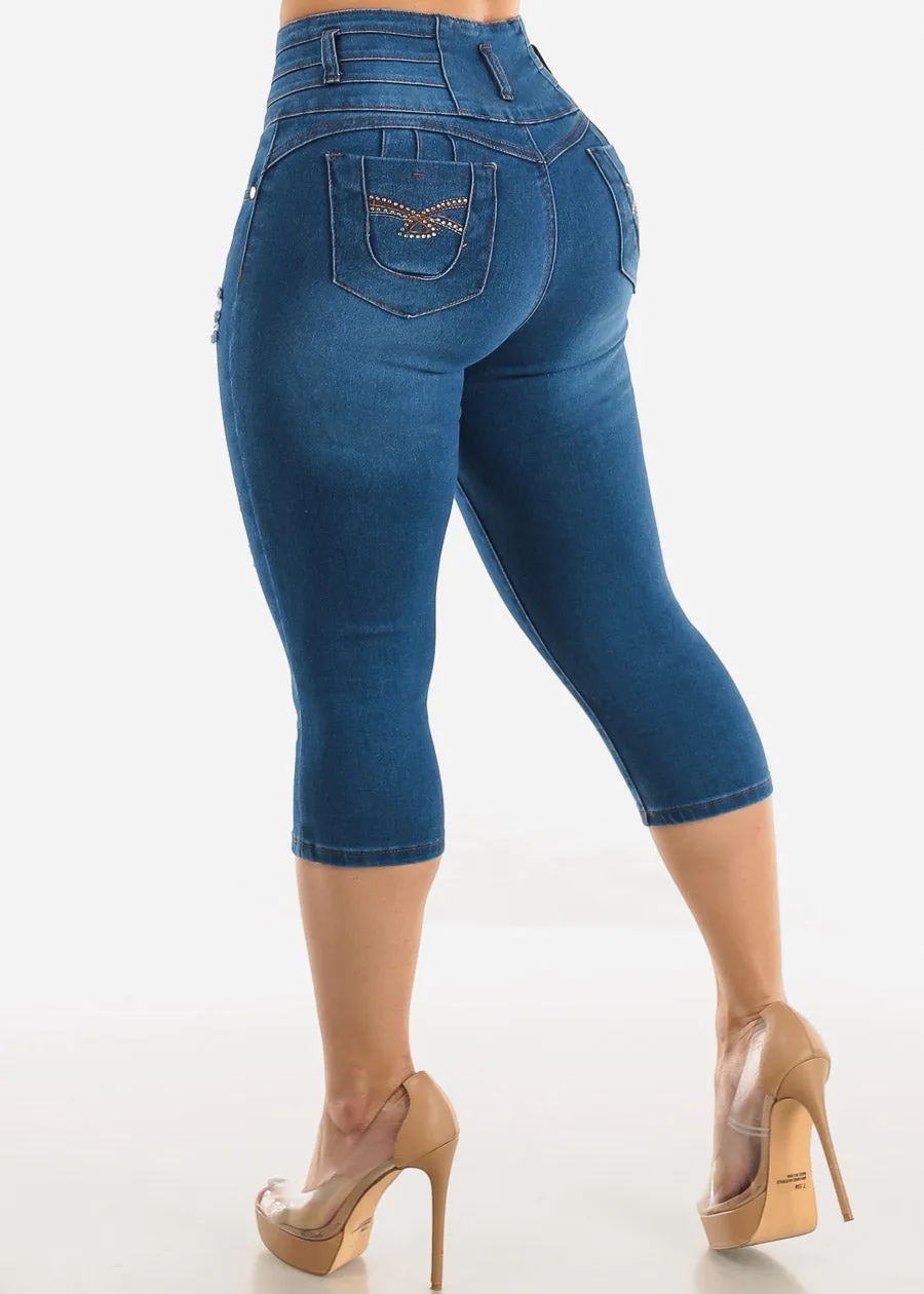 Butt Lifting High Waisted Ripped Denim Capris sold by Moda