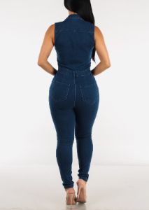 Sleeveless Button Up Collared Denim Jumpsuit Dark Blue sold by Moda