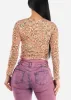 Long Sleeve Ruched Sides Floral Mesh Crop Top Cream sold by Moda