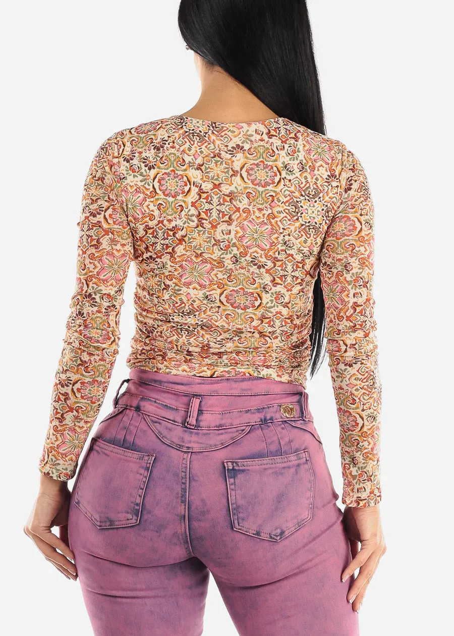 Long Sleeve Ruched Sides Floral Mesh Crop Top Cream sold by Moda product image thumbnail 4