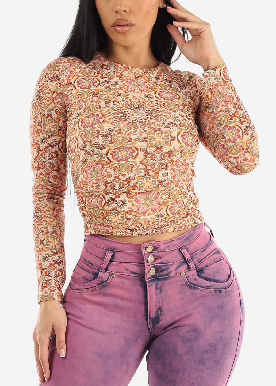 Long Sleeve Ruched Sides Floral Mesh Crop Top Cream sold by Moda