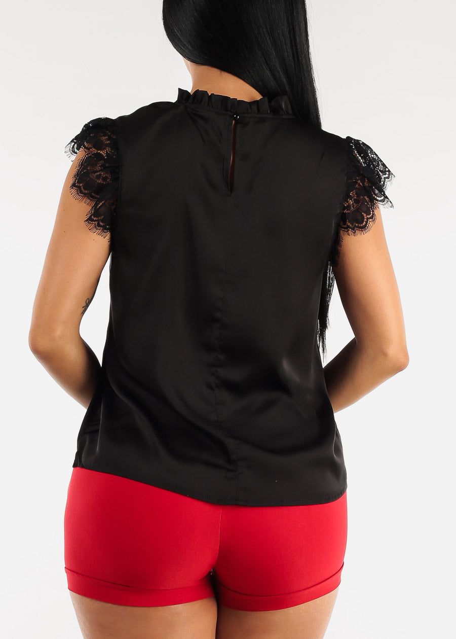 Ruffle Neck Pleated Satin Blouse Black w Lace Sleeves sold by Moda product image thumbnail 4