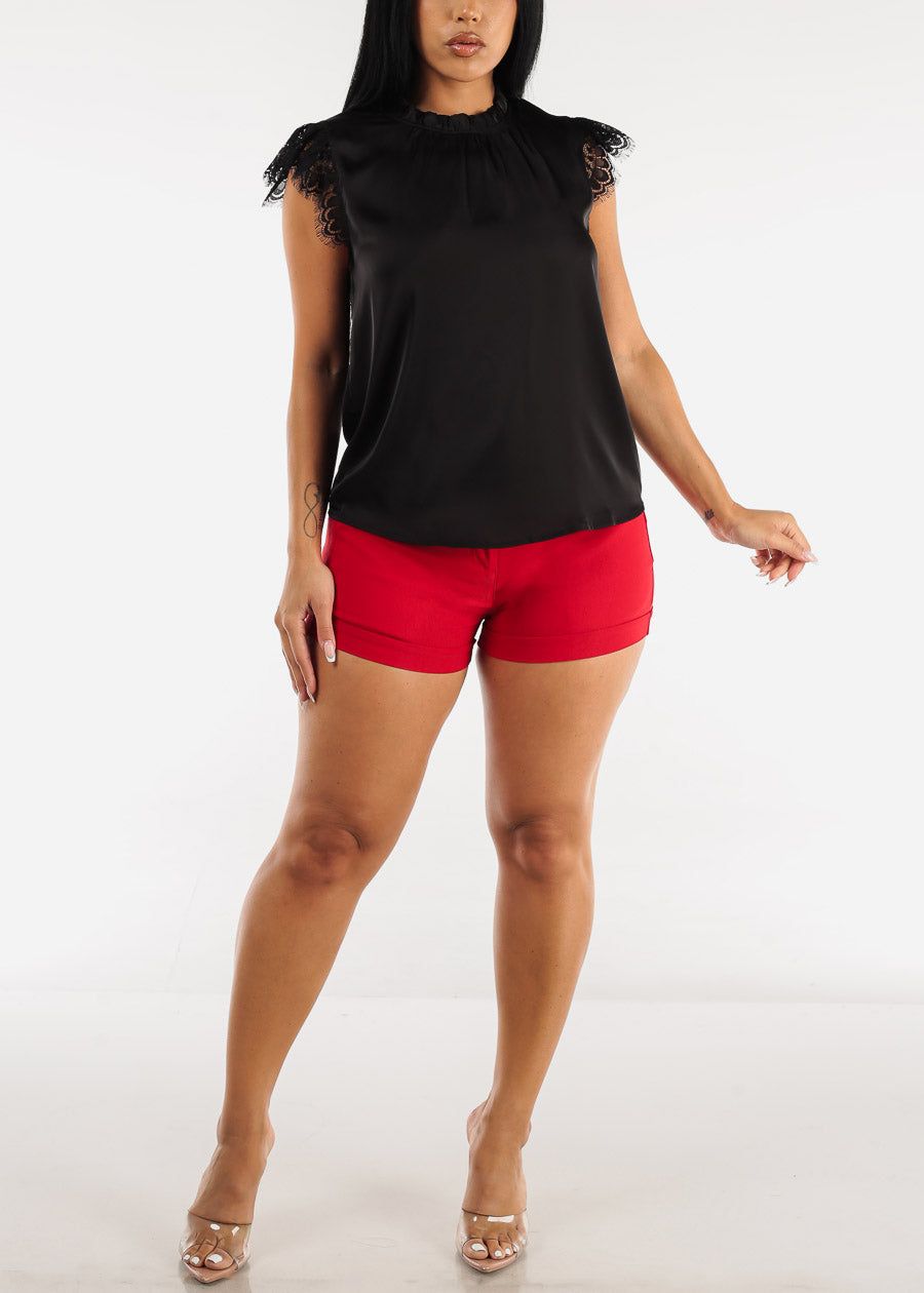 Ruffle Neck Pleated Satin Blouse Black w Lace Sleeves sold by Moda product image thumbnail 2