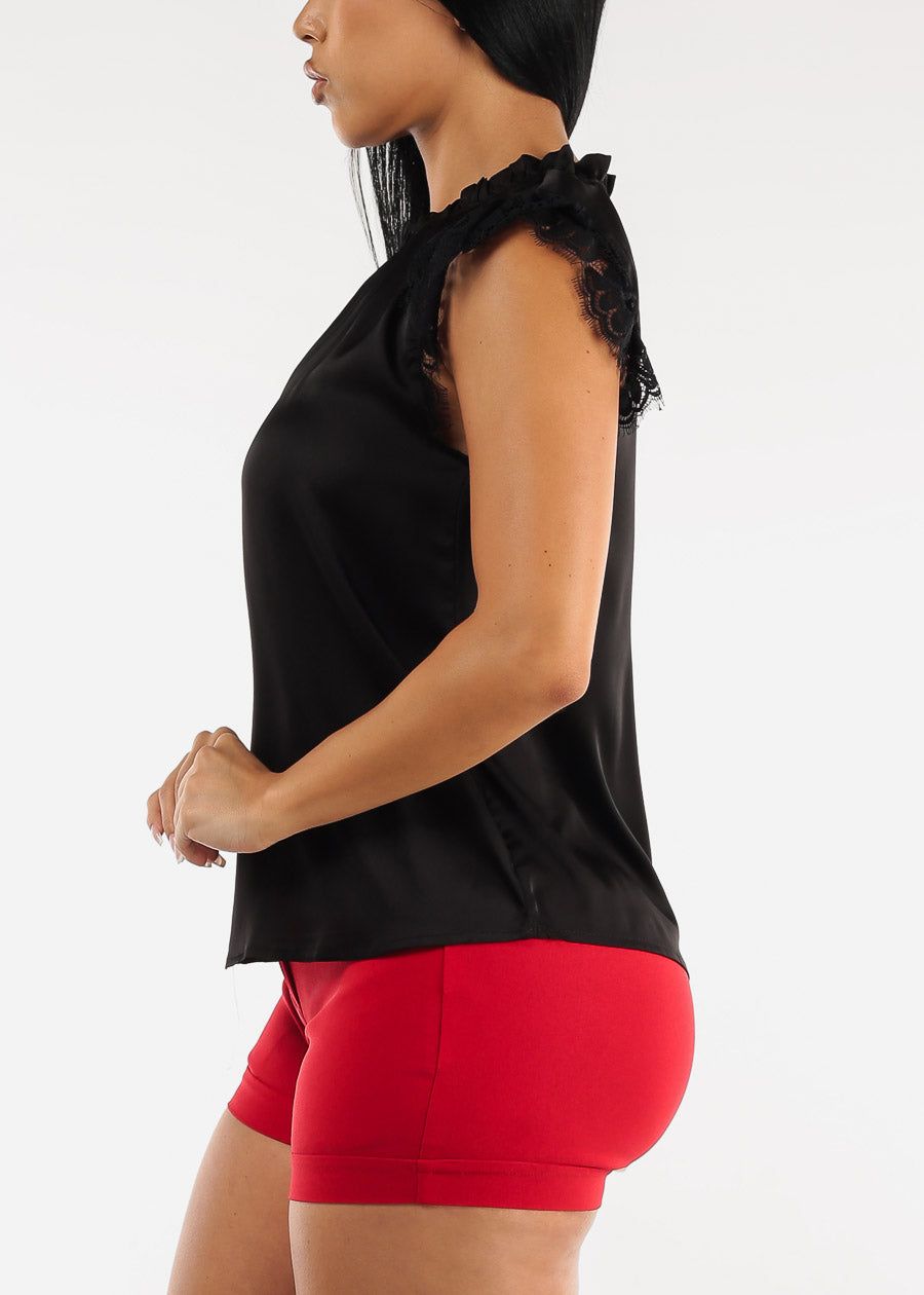 Ruffle Neck Pleated Satin Blouse Black w Lace Sleeves sold by Moda product image thumbnail 3