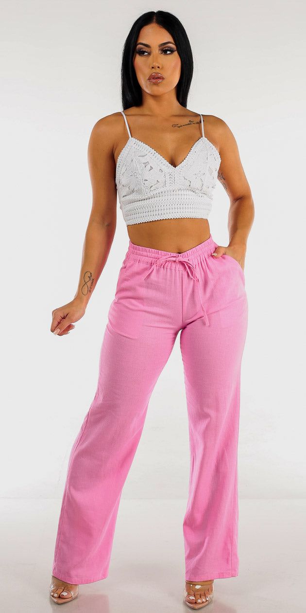 Wide Legged Pink Linen Pants with White Sleeveless Crochet Crop Top sold by Moda