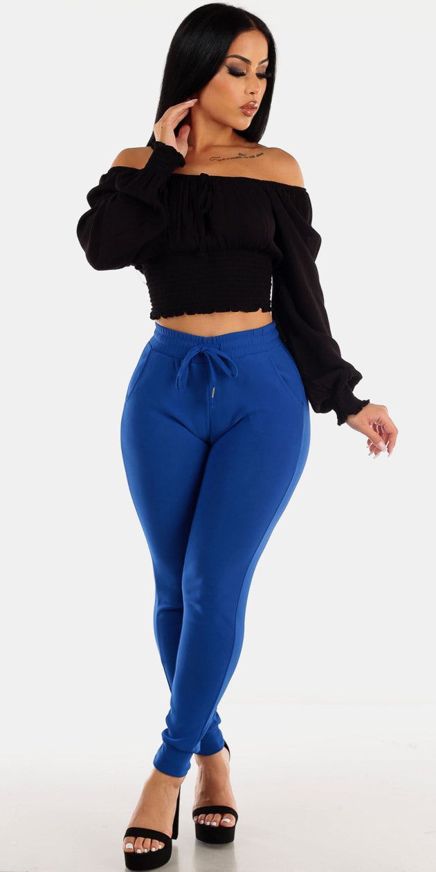 Drawstring Waist Royal Blue Jogger Pants with Black Off Shoulder Peasant Crop Top sold by Moda