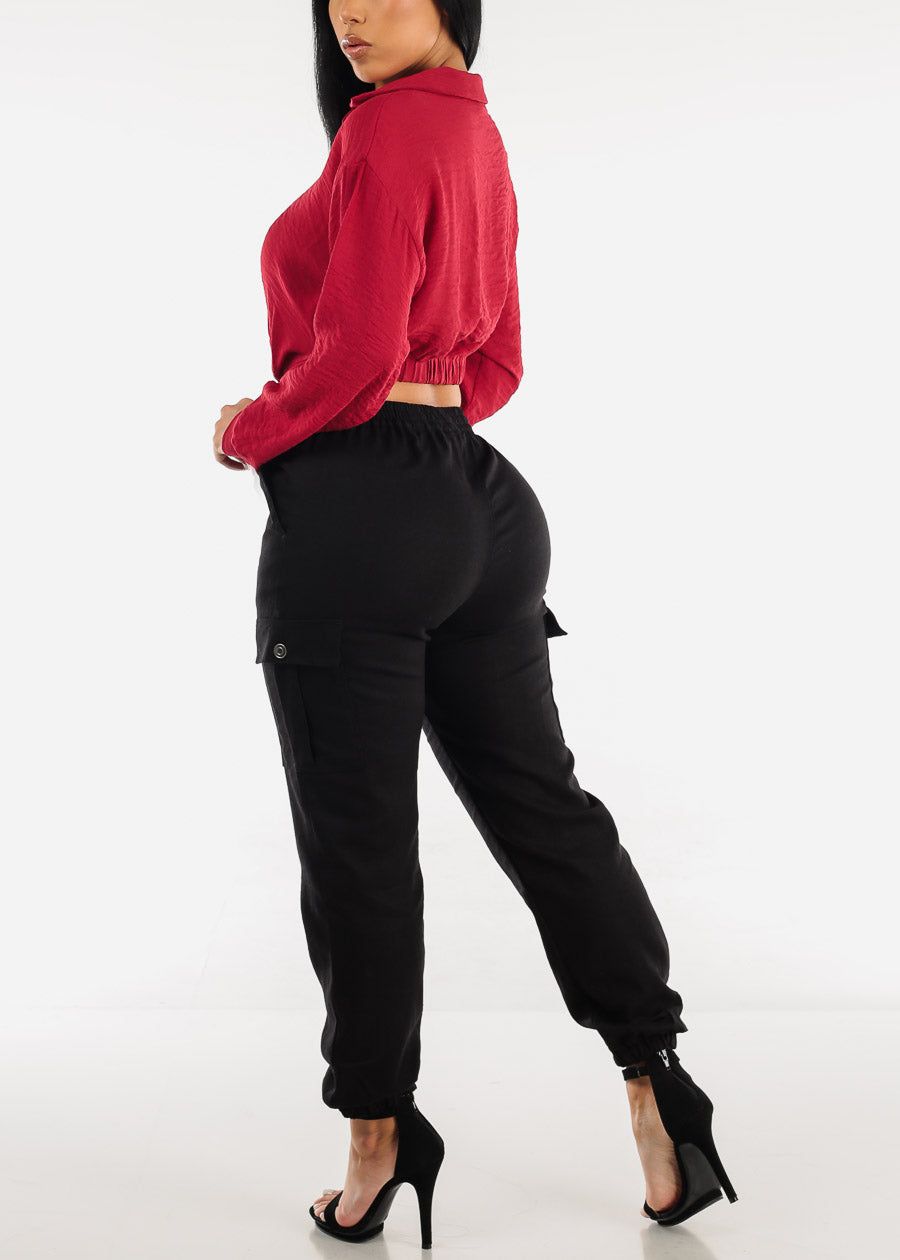 Black Drawstring Waist Linen Cargo Joggers sold by Moda product image thumbnail 7