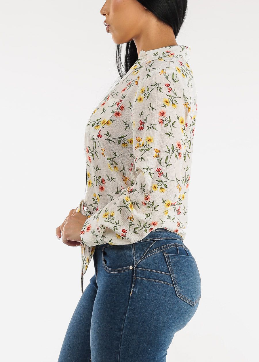 Tie Front Collared Button Down Floral Blouse Ivory sold by Moda product image thumbnail 3