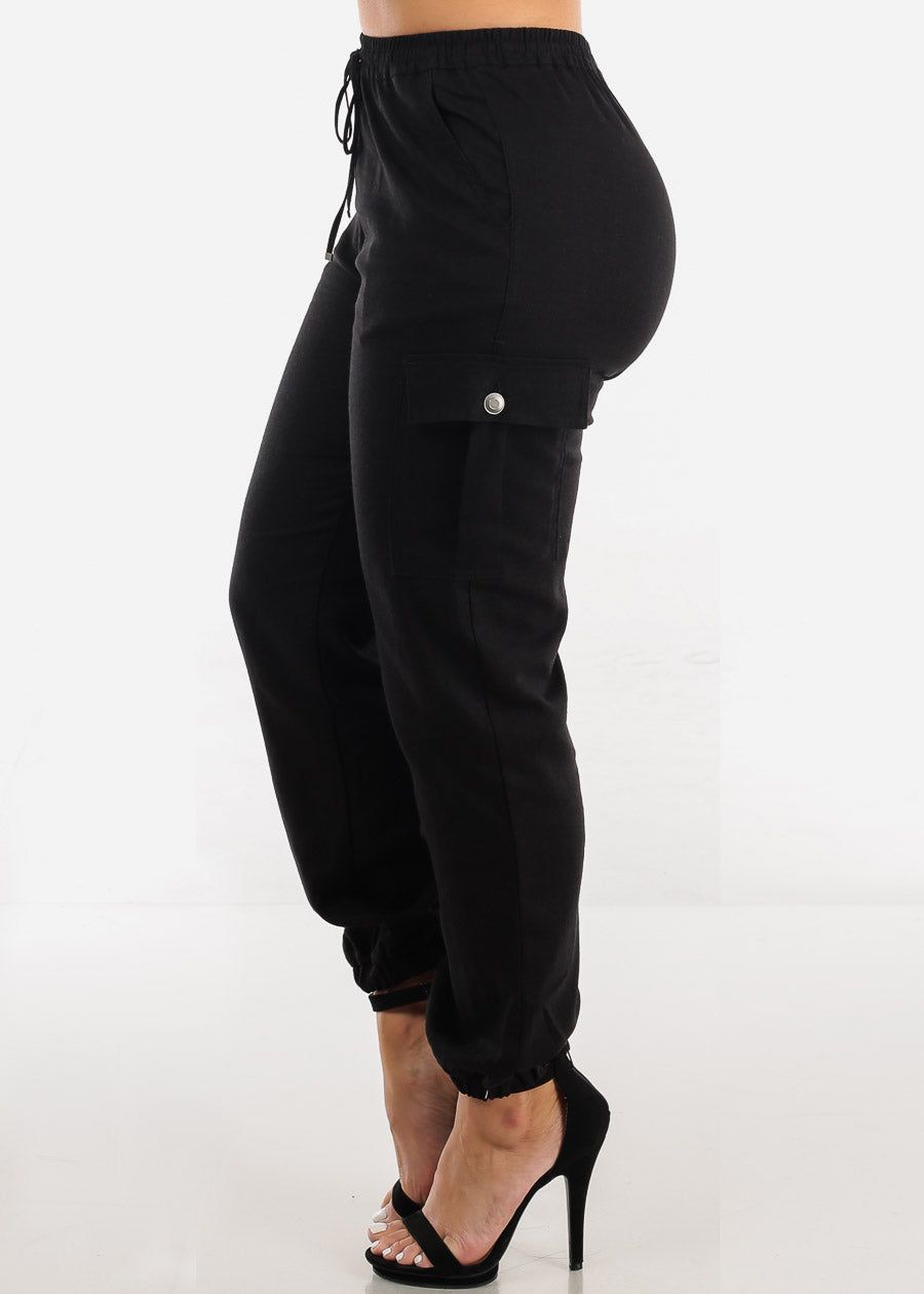 Black Drawstring Waist Linen Cargo Joggers sold by Moda product image thumbnail 5