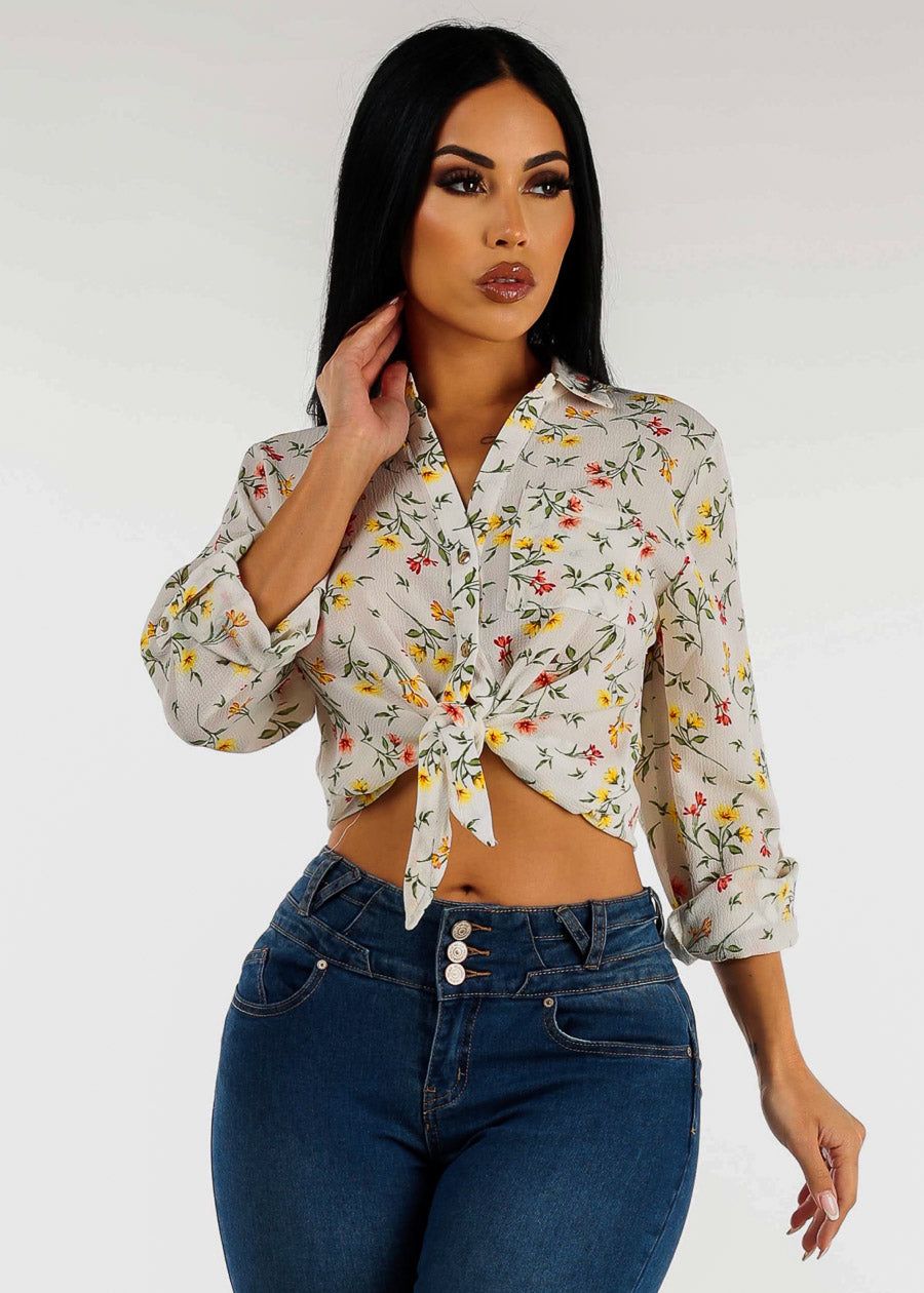 Tie Front Collared Button Down Floral Blouse Ivory sold by Moda