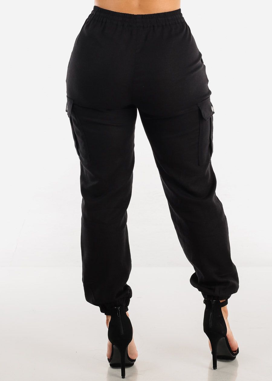 Black Drawstring Waist Linen Cargo Joggers sold by Moda product image thumbnail 6