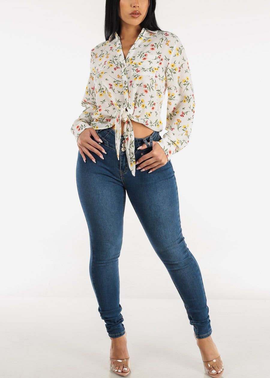 Tie Front Collared Button Down Floral Blouse Ivory sold by Moda product image thumbnail 2