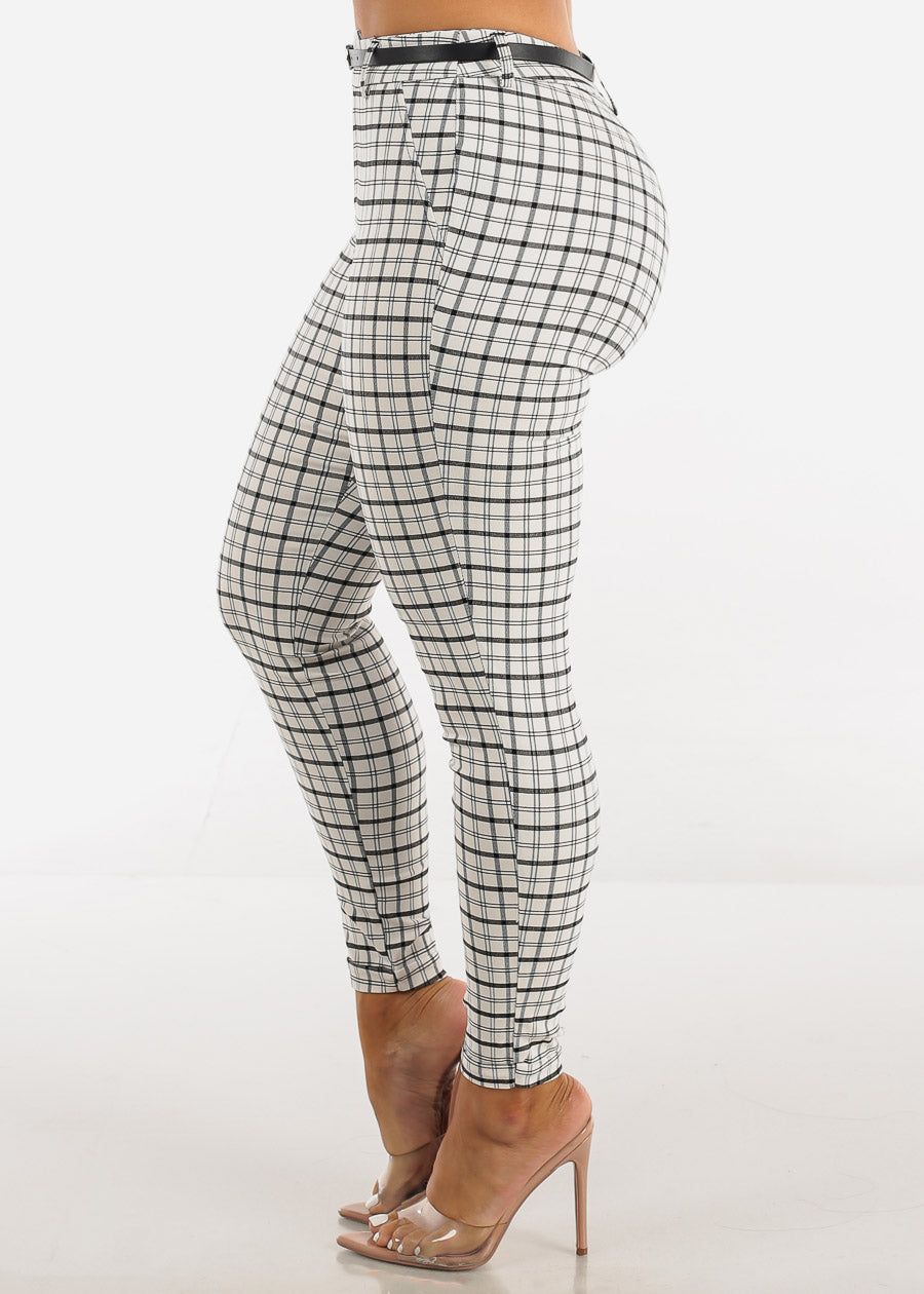 High Waisted White Checkered Skinny Pants w Belt sold by Moda product image thumbnail 3