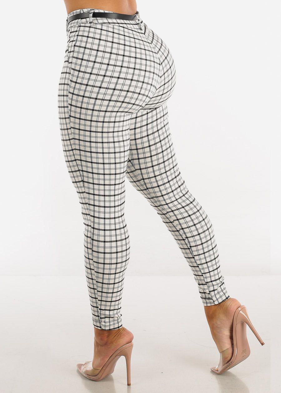 High Waisted White Checkered Skinny Pants w Belt sold by Moda product image thumbnail 4