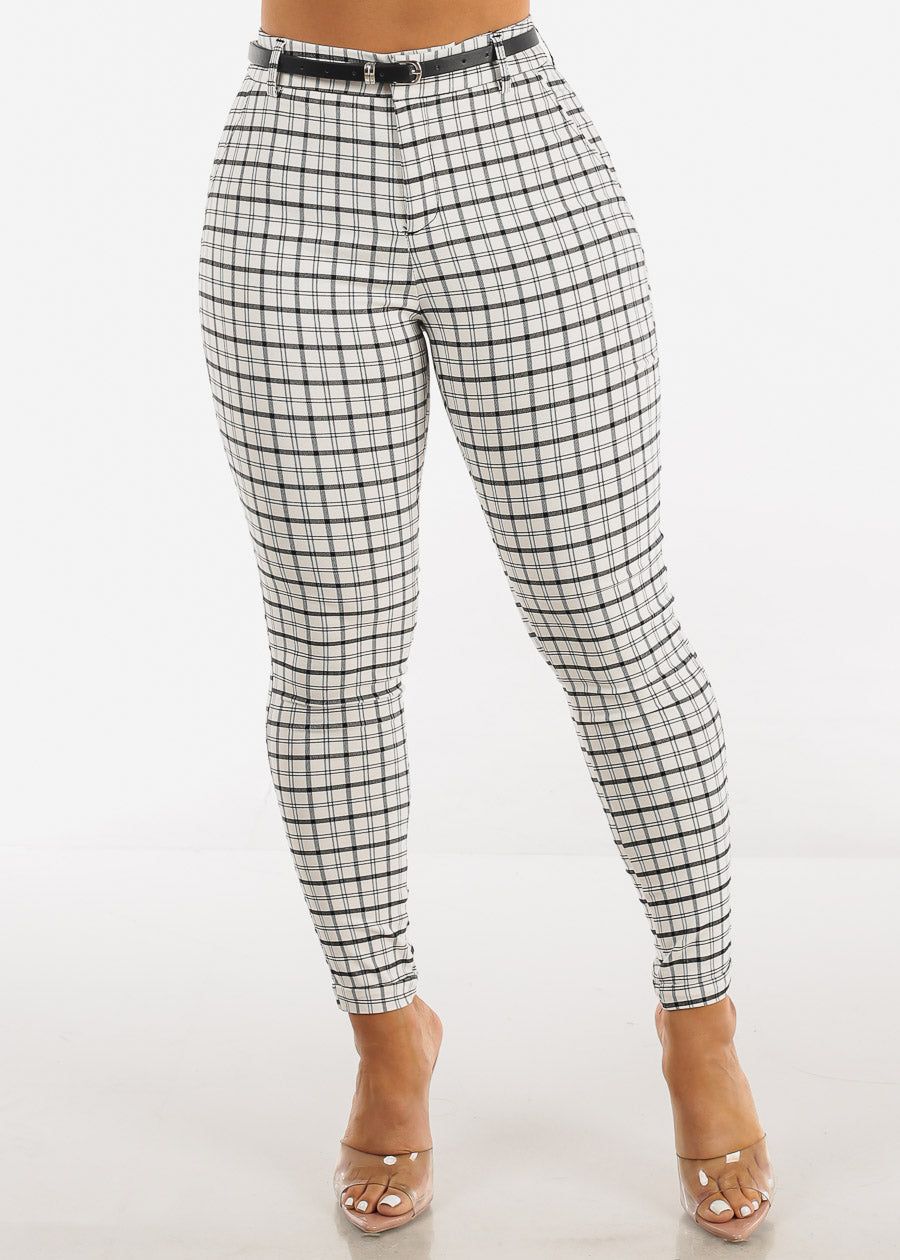 High Waisted White Checkered Skinny Pants w Belt sold by Moda
