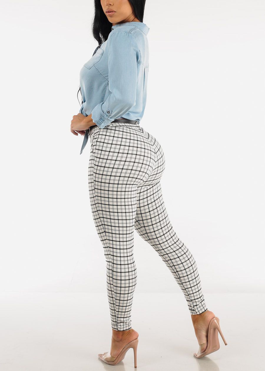 High Waisted White Checkered Skinny Pants w Belt sold by Moda product image thumbnail 5