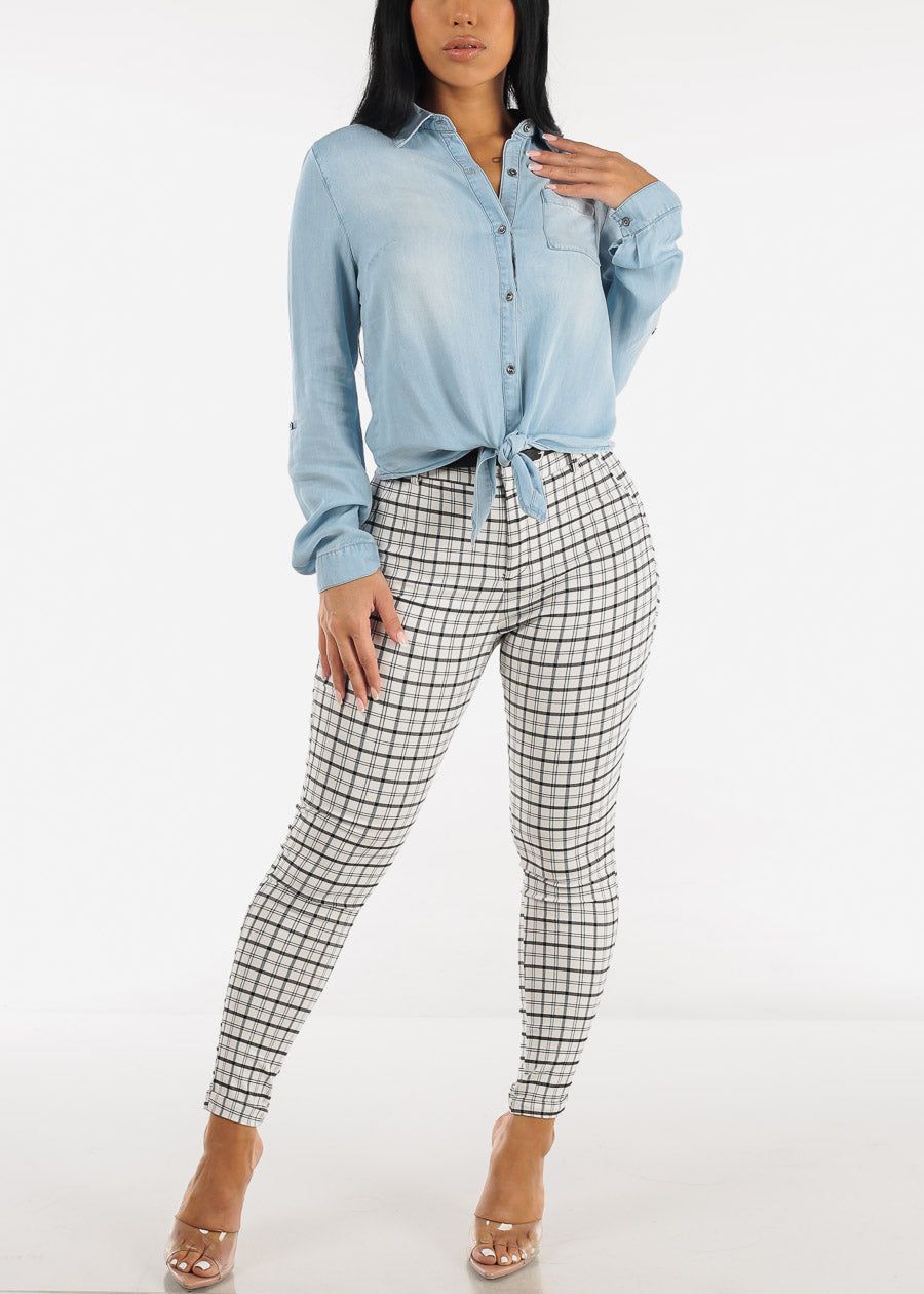 High Waisted White Checkered Skinny Pants w Belt sold by Moda product image thumbnail 2