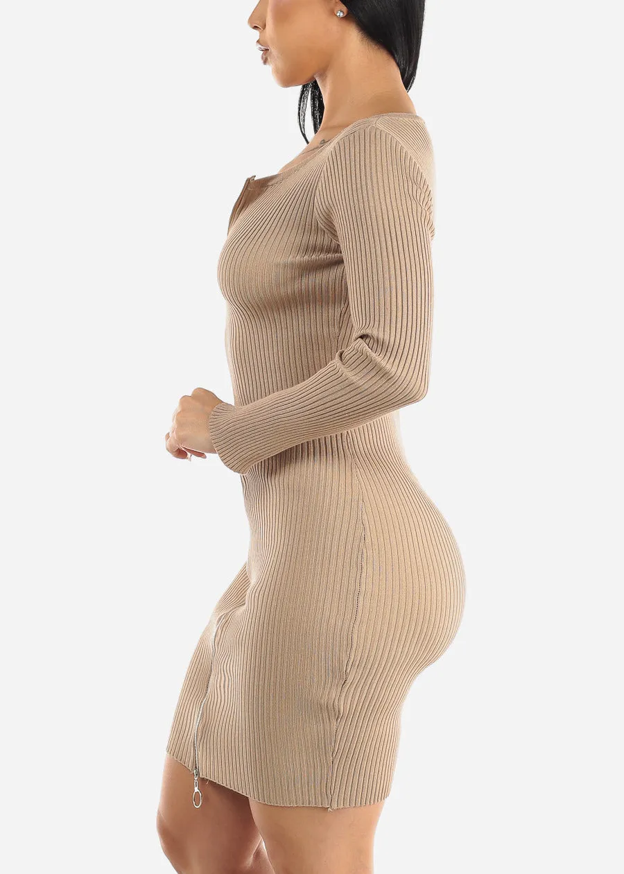 Zip Up Rib-Knit Bodycon Sweater Dress Beige sold by Moda product image thumbnail 4